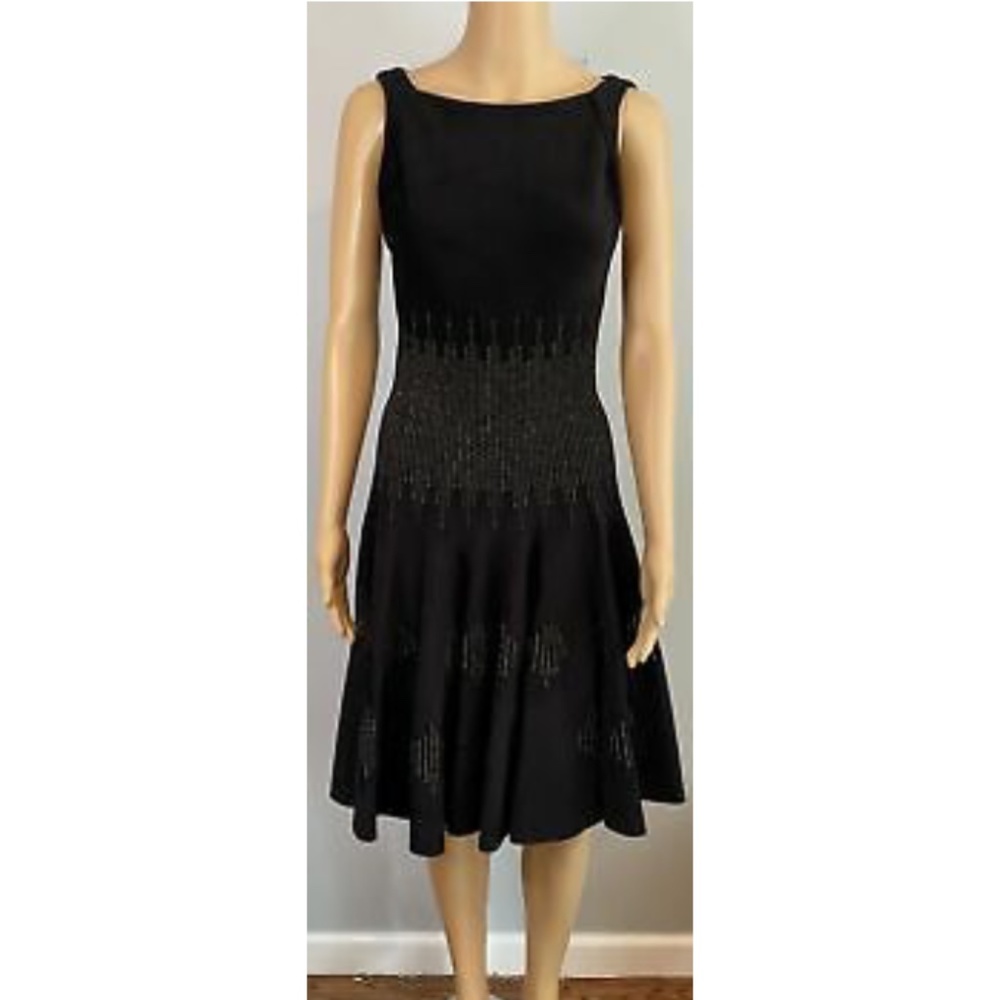 ALAIA Black/Gold Lurex Striped Stretch-Knit Dress SZ 44